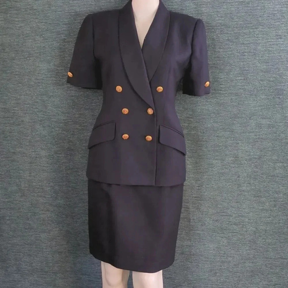 Vintage Kasper For ASL Navy Skirt Suit, Double Breasted Coat - Picture 1 of 9
